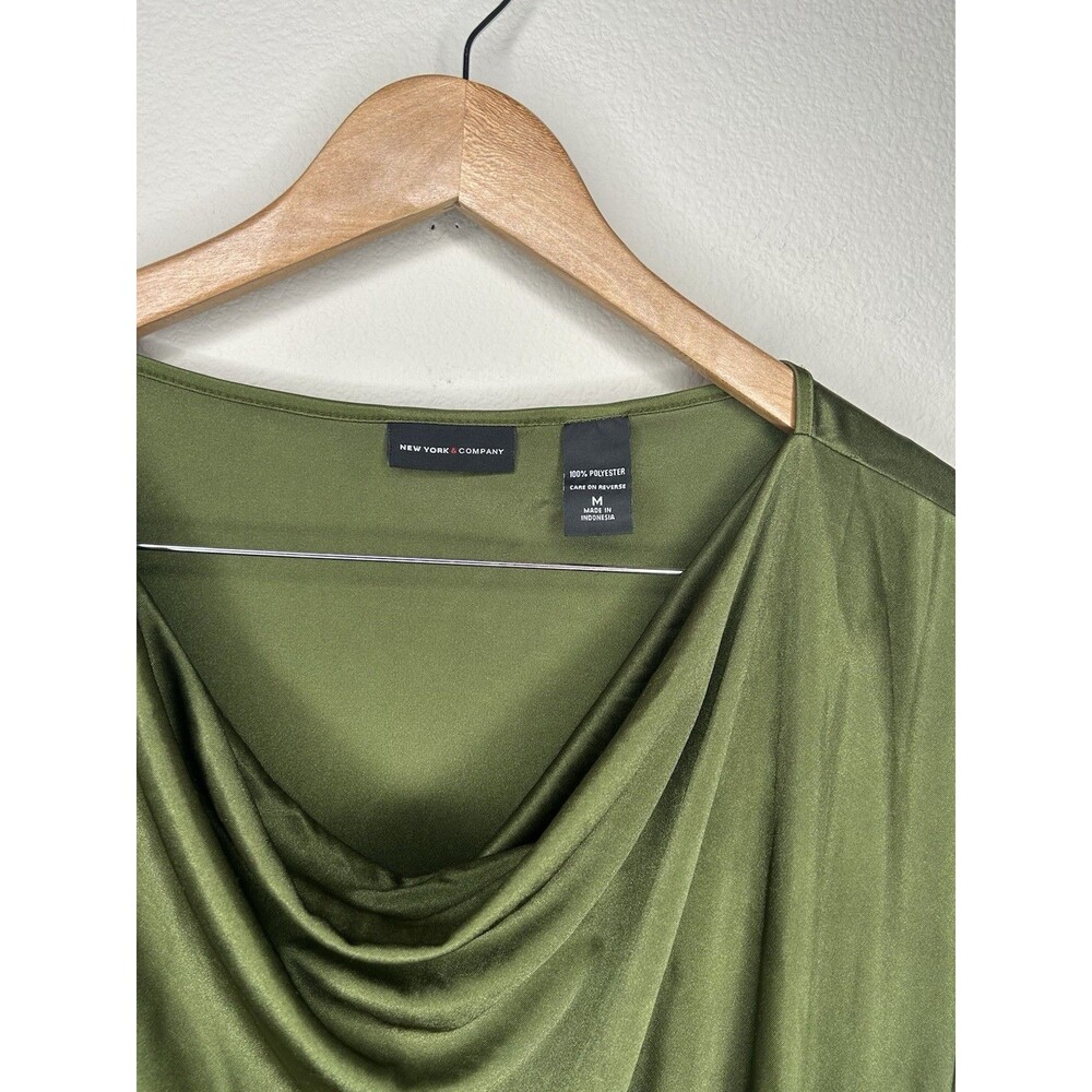 Y2K New York & Co Olive Green Cowl Neck Ruched Tunic Top Club Mini Dress Size M - Picture 2 of 6